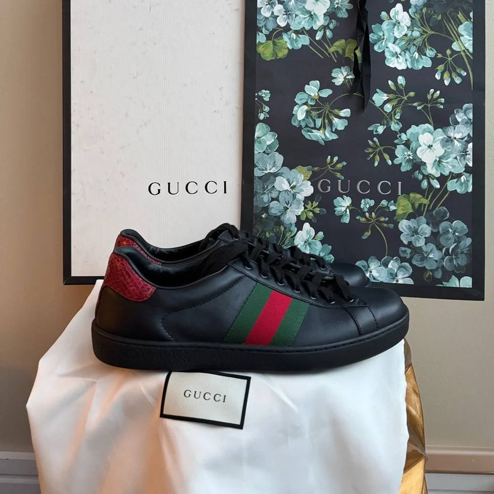 NWT Gucci Ace Black Leather Sneakers with Red and Green Stripe, Size Men’s 8.5-9 - Picture 12 of 14
